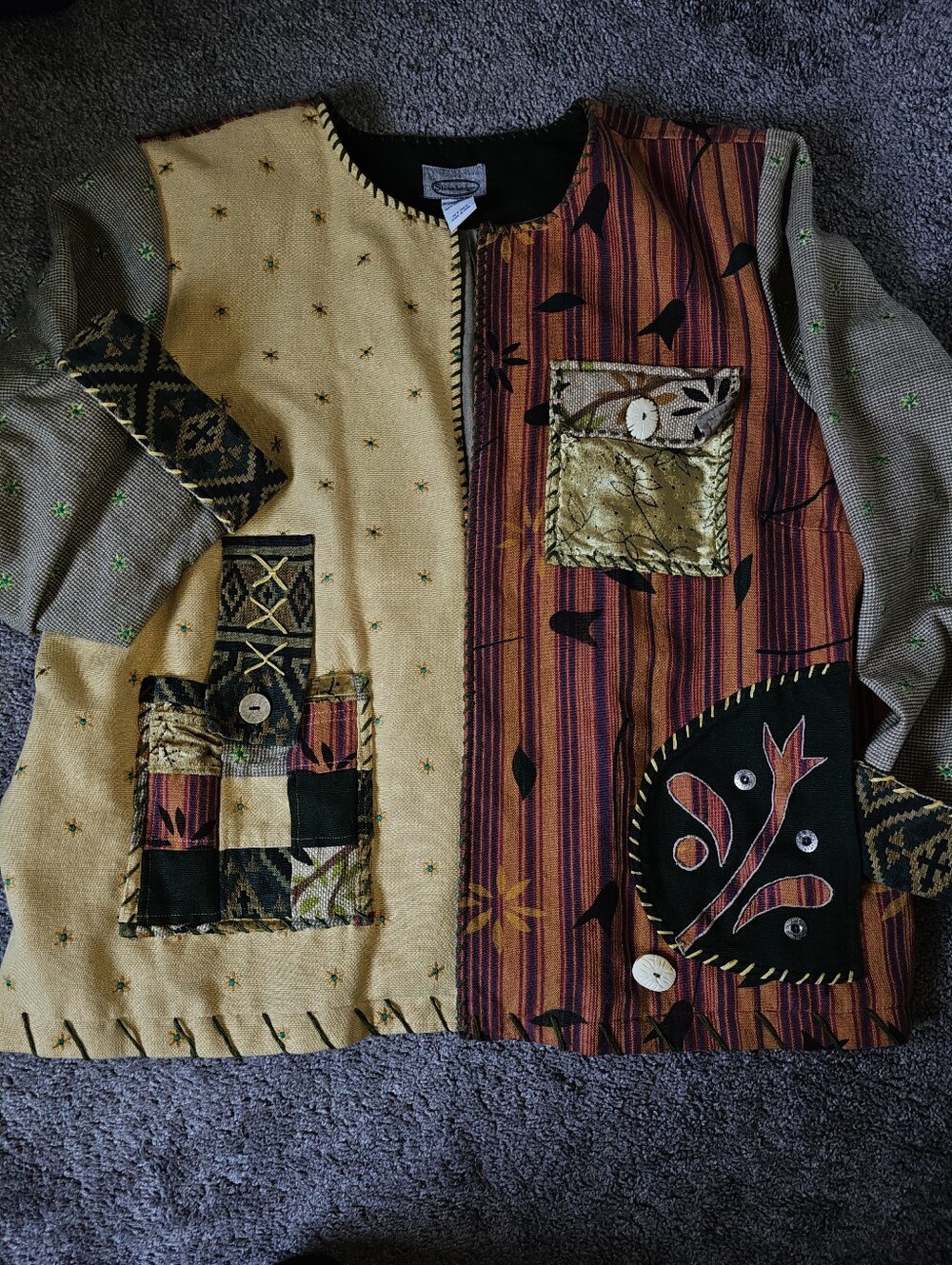 Vintage Multicolored Patchwork Tapestry Style Art-to-Wear Jacket Sz 2X